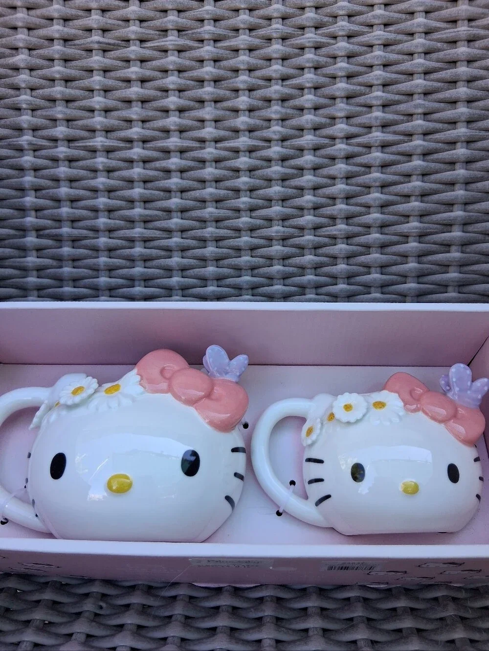 Hello Kitty Ceramic Face Mug Pair with Pink Bows and Purple Accents